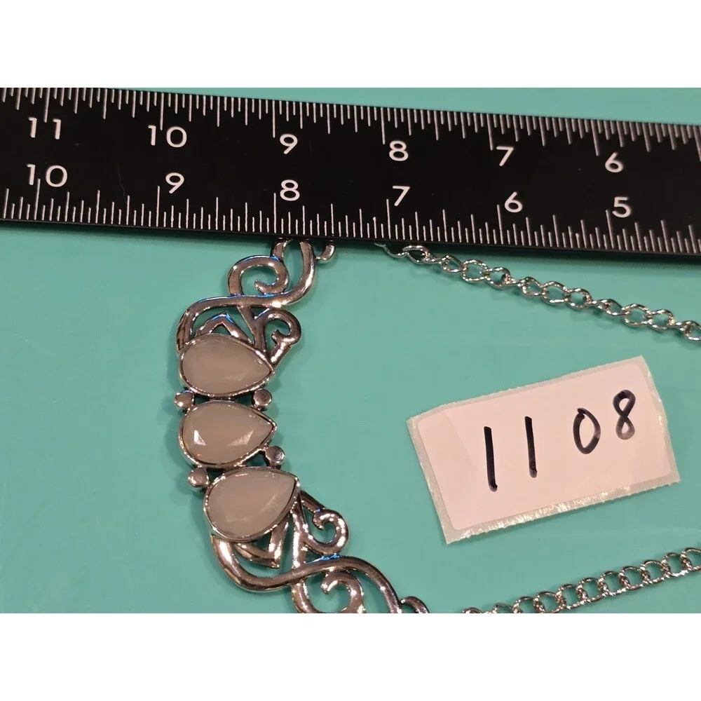 Silver Tone Scrollwork Necklace White Acrylic Teardrop Statement Necklace #1108